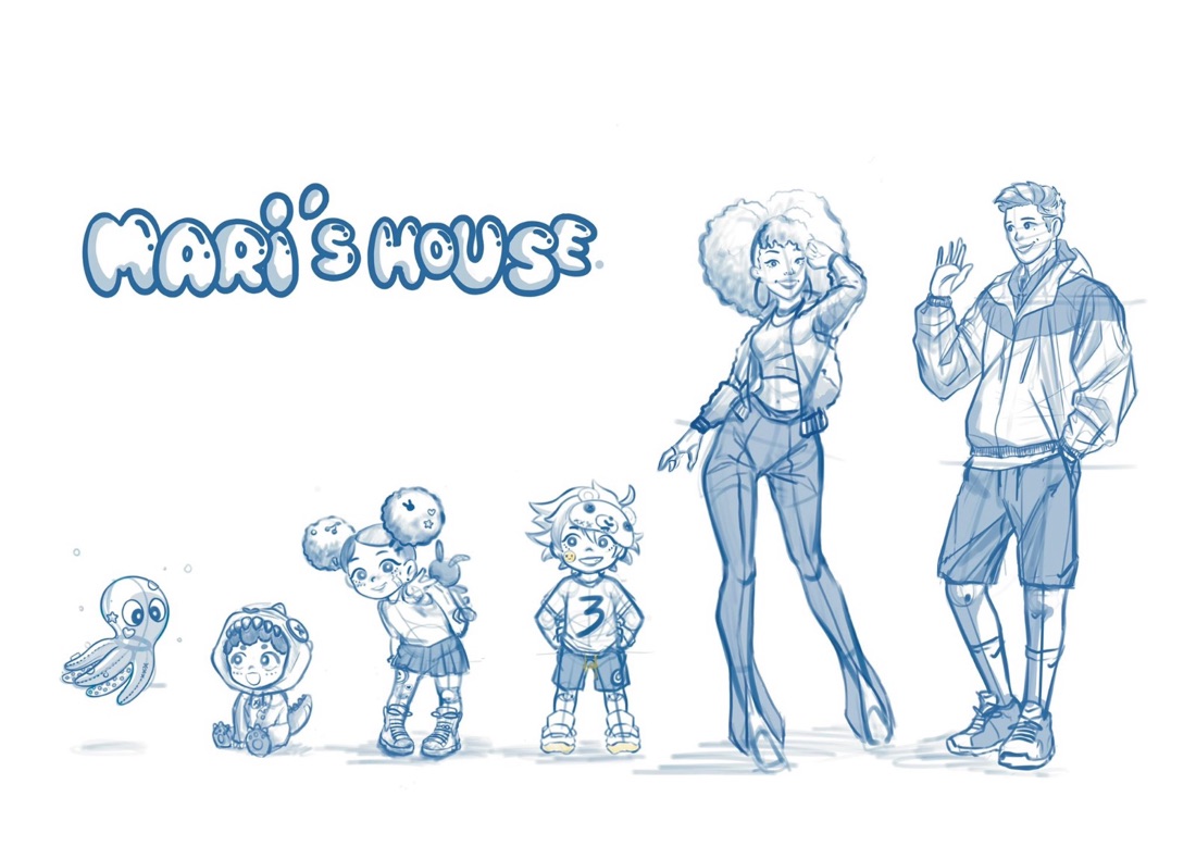 Early blue pencil lineup of the whole family with the logo
