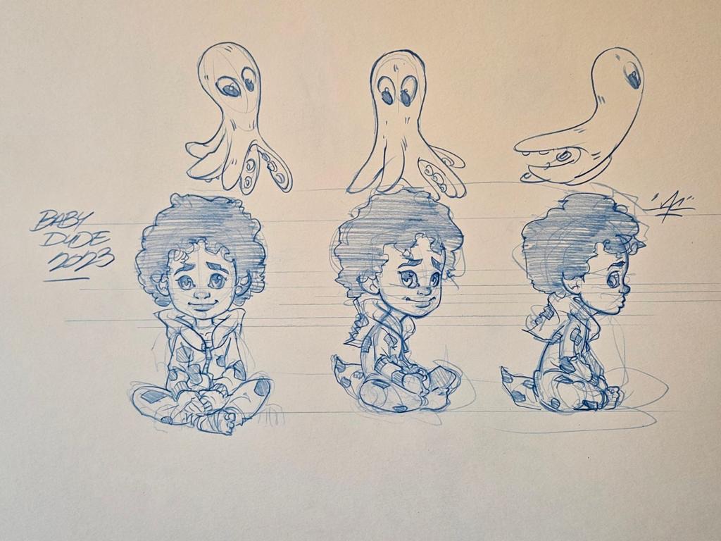Pencil turnaround of Mari and baby Sebbi