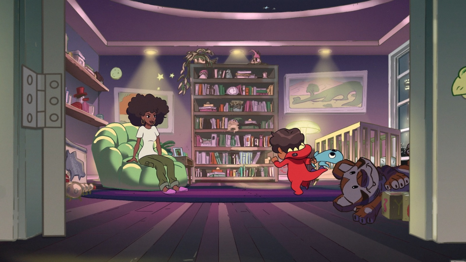 Amina in the beanbag as Sebbi runs into the room with Mari