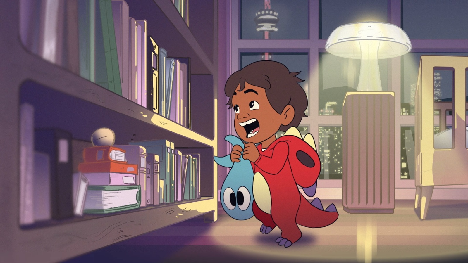 Sebbi holding Mari up at the bookshelf