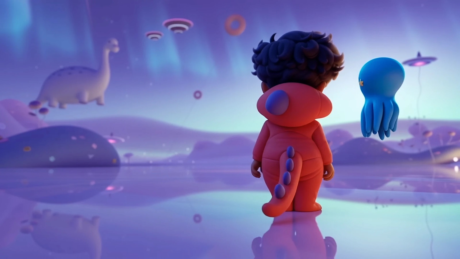 Sebbi and Mari in a purple world under the northern lights with a dinosaur in the distance