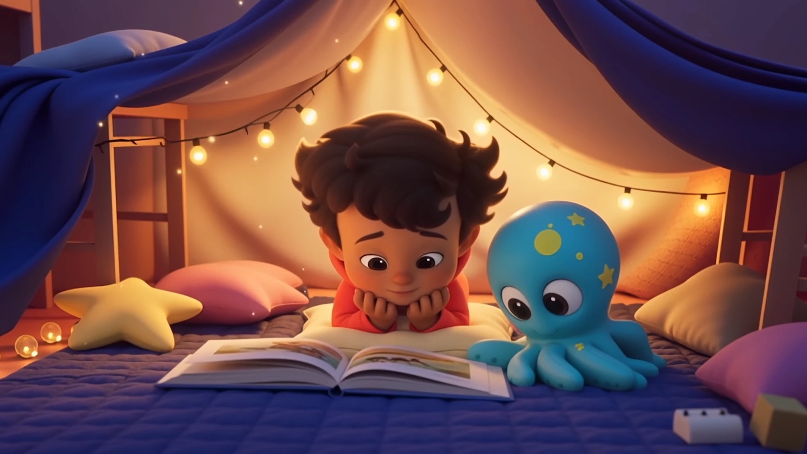 Sebbi and Mari reading a book in a blanket fort strung with fairy lights