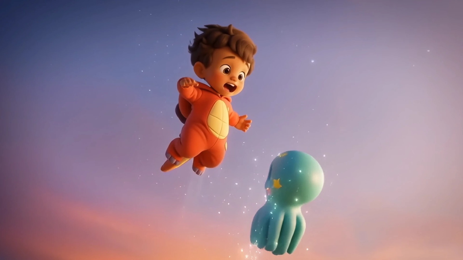 Sebbi flying through a sunset sky beside Mari