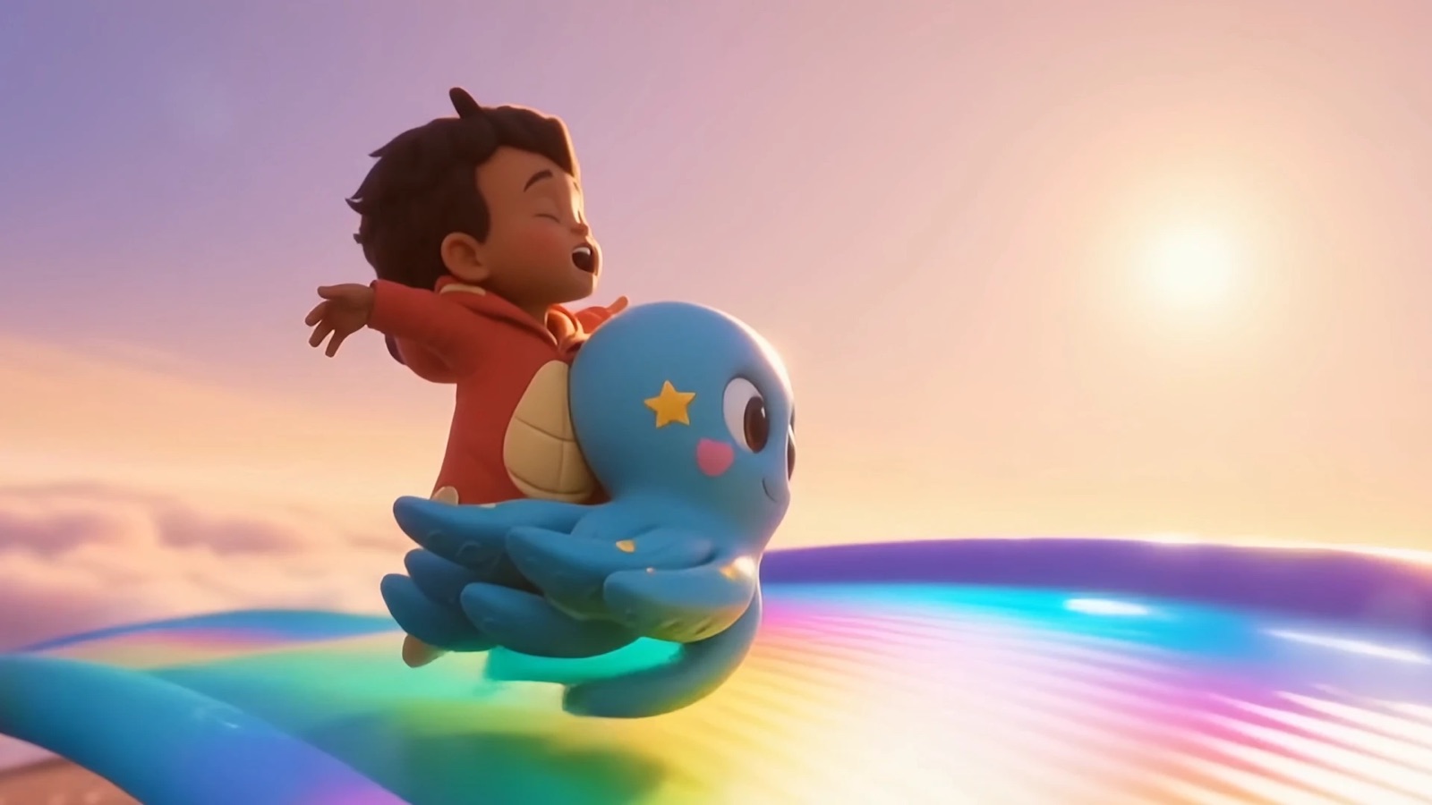 Sebbi riding Mari along a rainbow